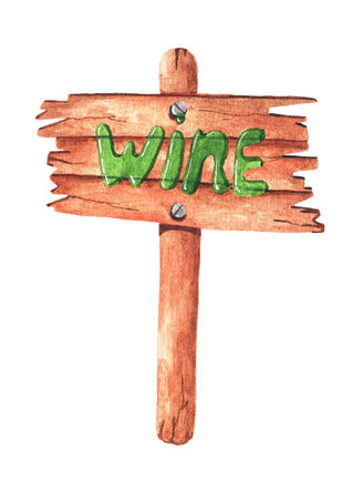 Wooden pointer (signpost) on a white background. With the inscription wine. Watercolor illustrationの写真素材