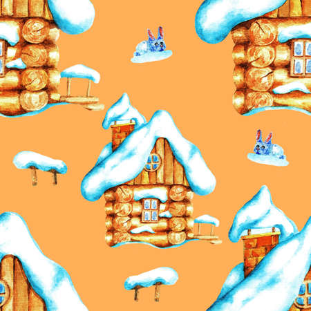 Wooden hut in a snowdrift. Seamless pattern. Watercolor illustration