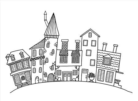 Coloring. Fabulous houses on one street. Vector illustrationのイラスト素材