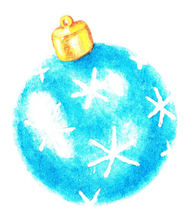 Christmas tree decoration. Glass blue ball with snowflakes. Watercolor illustrationの写真素材