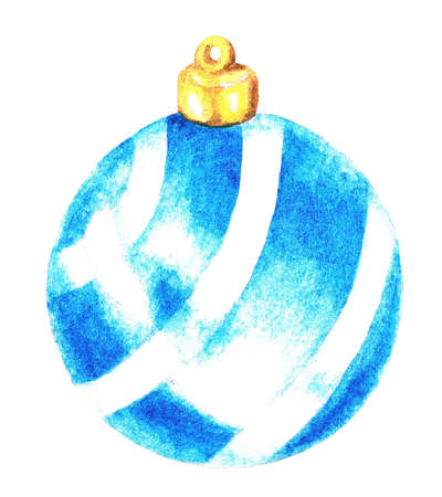 Christmas toy. Blue ball with white stripes. Watercolor illustrationの写真素材