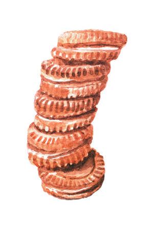 A stack of shortbread biscuits with a biscuit layer. Watercolor illustrationの写真素材