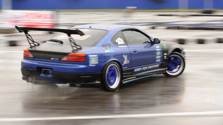 Orel, Russia, July 22, 2017: Dynamica car festival. Drift ride of new tuned car motion blurのeditorial素材