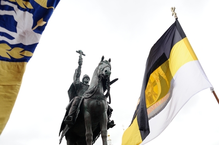 Orel, Russia - October 14, 2016: Ivan the Terrible monument opening ceremony. Ivan the Terrible monument and banners of Union of Orthodox Banner-Bearers and Russian empire besideのeditorial素材