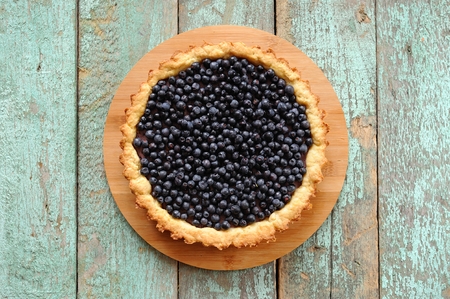 Homemade open blueberry tart with fresh organic wild blueberries overhead viewの写真素材