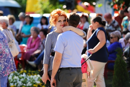Orel, Russia - July 08, 2016: Russian Valentine Day  - Petr and Fevronia. Young people hugging horizontalのeditorial素材