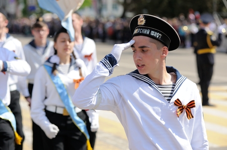 Orel, Russia - May 9, 2016: Celebration of 71th anniversary of the Victory Day (WWII). Navy military marching closeupのeditorial素材