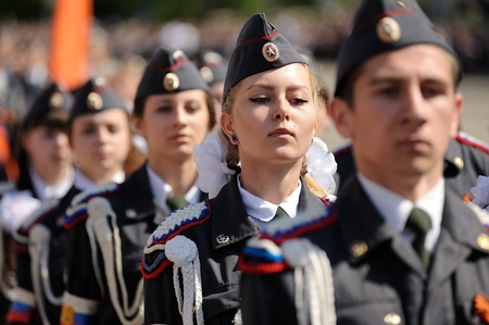 Orel, Russia - May 9, 2016: Celebration of 71th anniversary of the Victory Day (WWII). People in Russian military uniform marching closeupのeditorial素材