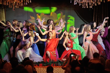 Orel, Russia - December 20, 2015: Miss Orel 2015 beauty contest. Girls dancing in Indian costumes horizontalのeditorial素材