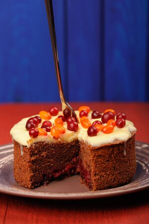 Homemade chocolate cake with fresh sea-buckthorn and cranberries verticalの写真素材