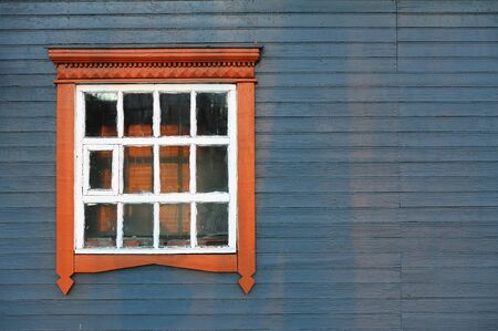 Blue grey wooden house wall with big window coyspace horizontalの写真素材