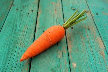 Single raw whole organic orange carrot on wooden turquoise table closeupの写真素材