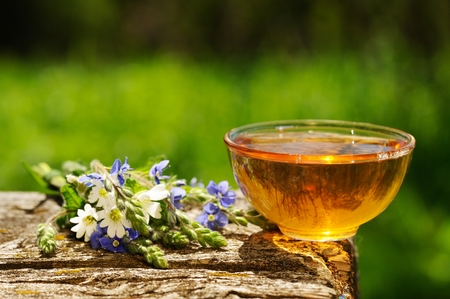 Black tea in glass cup on wooden board with blue and white meadow flowers on green background copyspace closeup macroの写真素材