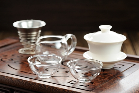 China tea ceremony with haiwan and glass teaware horizontalの写真素材