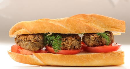 Lentil patty sandwich with tomato and carrot greens horizontalの写真素材