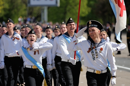 Orel, Russia - May 09, 2015: Celebration of the 70th anniversary of the Victory Day (WWII). Cadets in white uniform marching in parade horizontalのeditorial素材
