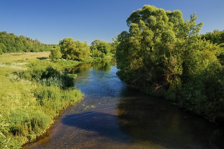 Serene sunny summer landscape. Small river with green meadows and trees with shadows on banksの写真素材