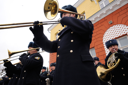 Orel, Russia, February 25, 2019: Syrian Break - trophy exhibition train of Russian Defence Ministry. Military brass band outdoor  playing in railway stationのeditorial素材