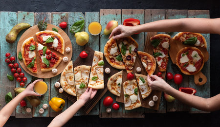 Six cutted pizzas, orange juice, tomatoes, mushrooms, pears with woman and kid hands overhead viewの写真素材