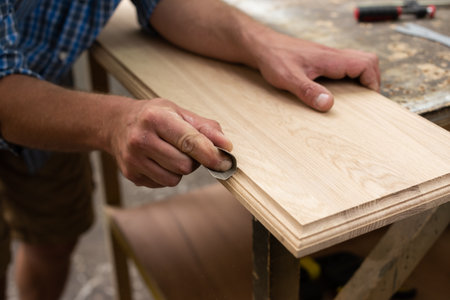 A carpenter grinds an oak panel with sandpaper closeup