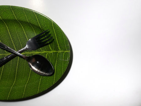 Green plate leaf theme isolated white background with spoon and forkの写真素材