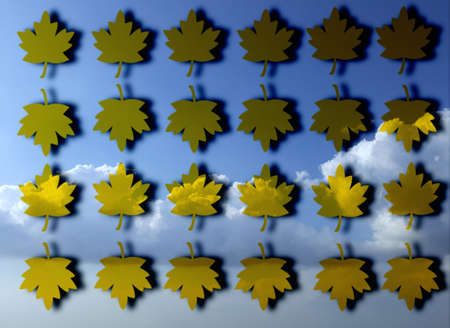 Maple leaves on a blue sky background. 3D illustration.の写真素材