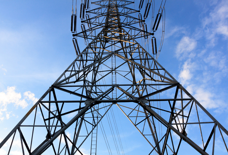 High-voltage tower   and blue sky background.の写真素材