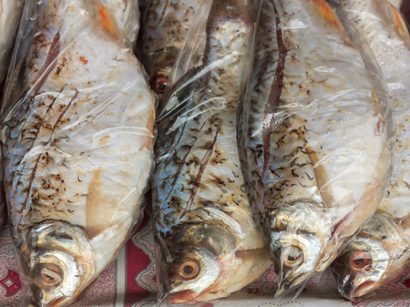 Fish in the plastic bag at thailand fresh market.の写真素材
