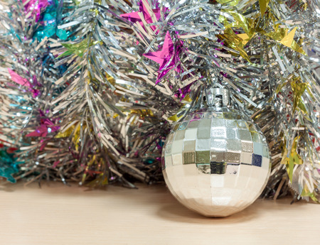 Selective focus ball Christmas decoration on wood and blur background.の写真素材