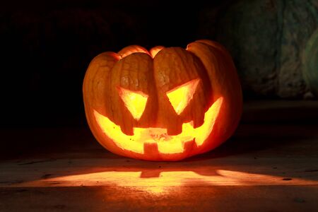 Bright light in pumpkins on wood and pumpkins background by dark light tone.の写真素材