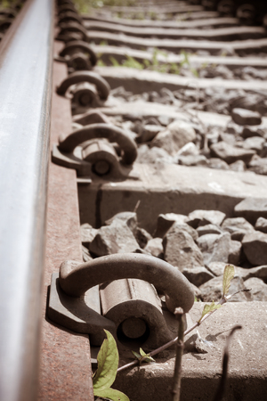 Selective focus railroad,tree background by vintage tone.の写真素材