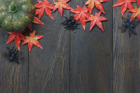 Top view Happy Halloween Holiday background with decoration.The pumpkin handmade,beautiful orange forest leaf and spiders on wooden background.copy space.Flat lay.Bird eye view.above view.over head.の写真素材