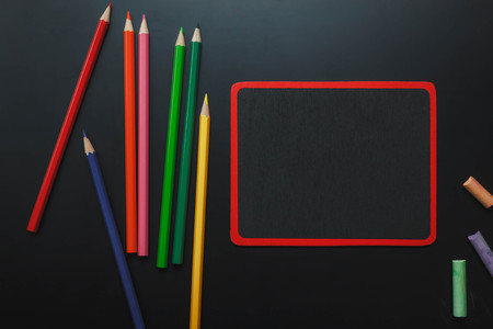 Top view back to school concept and education background concept.backboard and chalk board with...