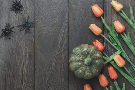 Table top of decoration sign Happy Halloween festival background. with beautiful orange tulip and maple leaf.Object on rustic wooden.Copy space for text information.Dark tone design.の写真素材