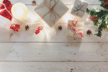 Overhead view of ornaments and decoration  Merry Christmas and Happy New Year.several sign item on modern rustic white home office desk.space for creative design text and word.object for seasonal.の写真素材