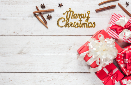 Top view aerial image of decorations & ornaments Merry Christmas.Essential difference object on modern rustic white background at home office desk.Copy space for creative design text and wording.の写真素材