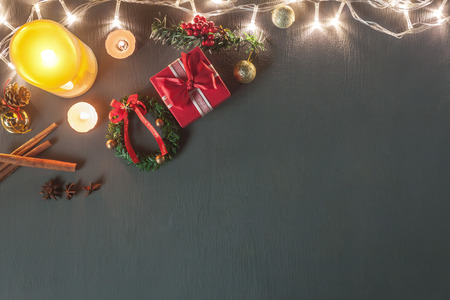 Table top view image of Christmas decoration & Ornament Happy new year background concept.Lighting &...