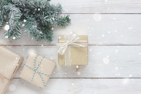 Above top view aerial image of ornaments & decorations Merry Christmas & Happy New year background concept.Many Different item with snowflakes on modern rustic white wooden at home office desk studio.の写真素材