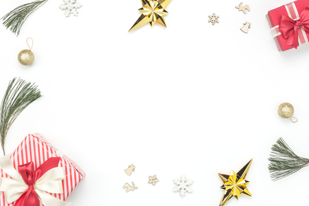 Top view aerial image of decoration & ornament merry Christmas & Happy new year background concept.Table top essential accessories on white wood at home office desk.free space for creative design.の写真素材