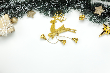 Overhead view aerial image of items decorations merry Christmas & Happy new year background concept.Table top essential accessories on white wooden at home office desk.free space for creative design.の写真素材