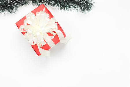 Above view aerial image of items decorations merry Christmas & Happy new year background concept.Table top essential accessories on white wooden at home office desk.free space for creative design.の写真素材