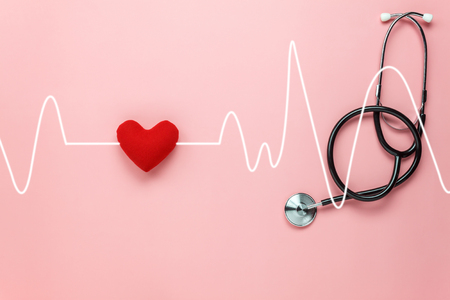 Table top view aerial image of accessories healthcare & medical background concept.Red heart &...
