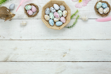 Top view shot of arrangement decoration Happy Easter holiday background concept.Flat lay colorful...
