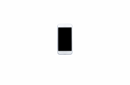 Table top view aerial image of technology background concept.The white mobile phone on white background.の写真素材