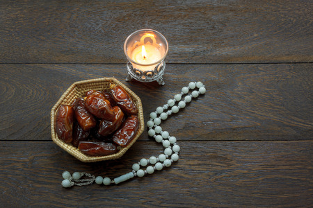 Table top view decoration & food Ramadan Kareem festival background concept.Flat lay of Date fruit &...