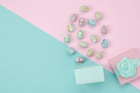Top view shot of arrangement decoration Happy Easter holiday background concept.Flat lay colorful...