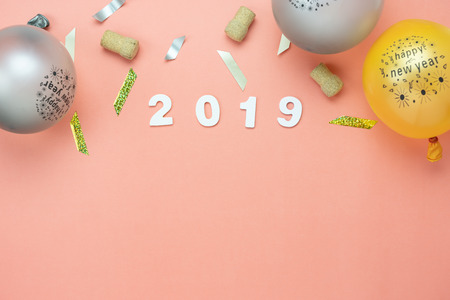 Table top view of Merry Christmas decorations & Happy new year 2019 ornaments concept.Flat lay...