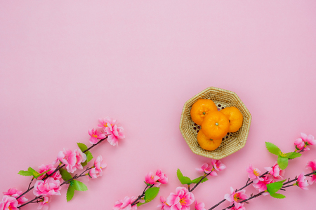 Chinese language mean rich or wealthy and happy.Table top view Lunar New Year & Chinese New Year vacation concept background.Flat lay orange in basket and cherry blossom on pink paper and copy space.の写真素材