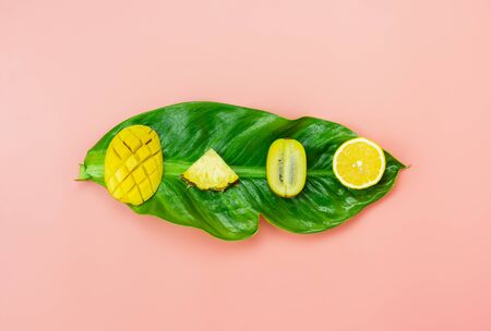 Table top view fruit tropical with spring summer holiday & vacation  background concept.Arrangement...