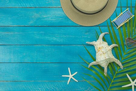 Table top view accessory of clothing women & men  plan to travel in summer holiday background...